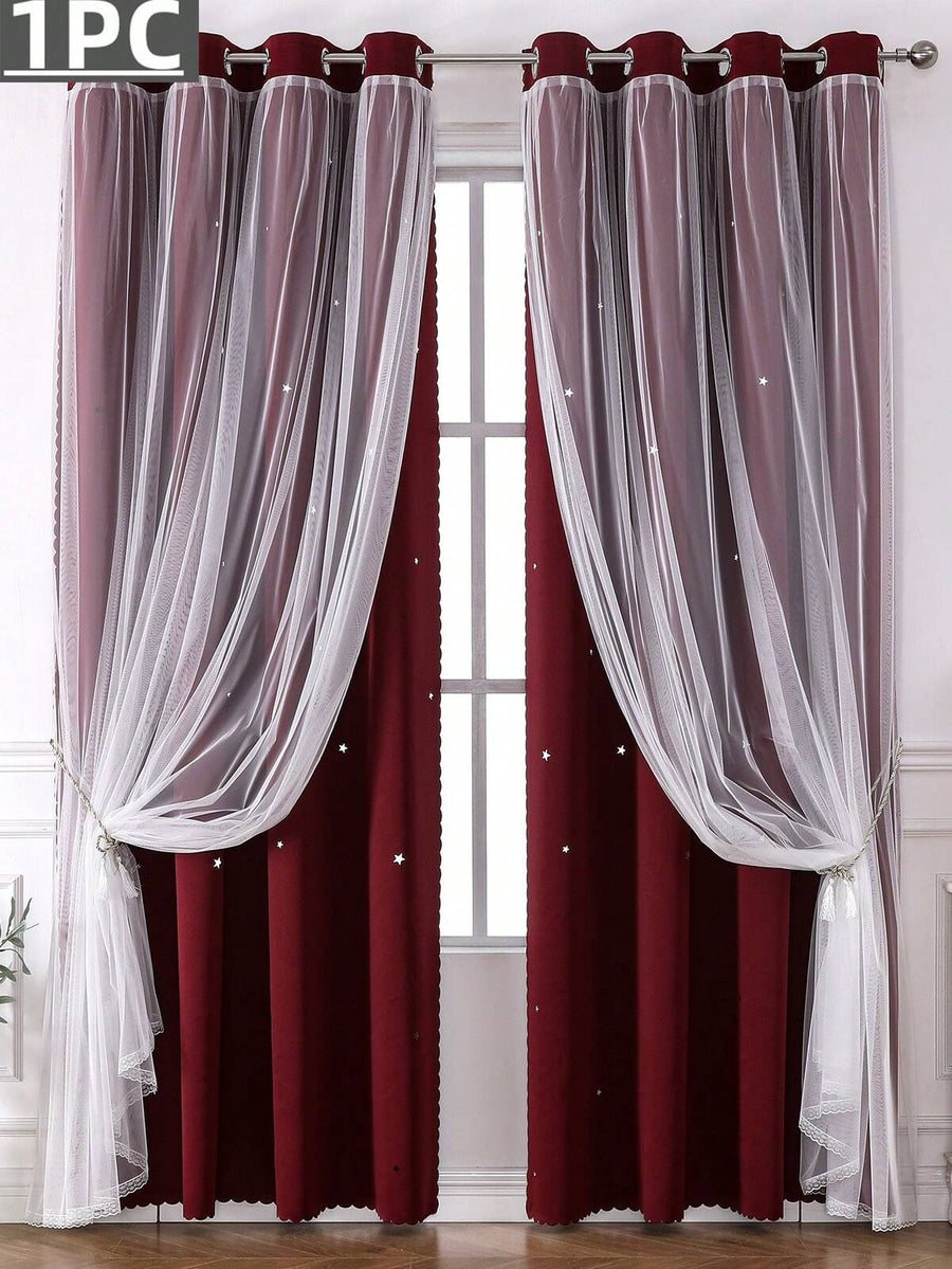 1pc Wine Red Curtain With Small Star Shaped Cutouts, Suitable For Living Room/bedroom With Sheer Fabric, Darkening And Blocking Light Features, Can Be Used As Festival Decoration, Cute And Unique Princess Style Curtain